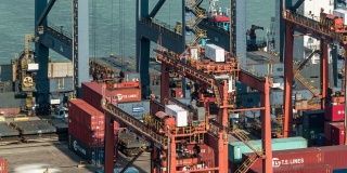 延时:鸟瞰图，在香港货柜港口青衣，由手推车货车卸下货物至货轮