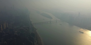 日落雾长沙市中心河流航拍全景4k中国