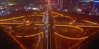成都市中心夜光交通拥堵航拍全景4k中国