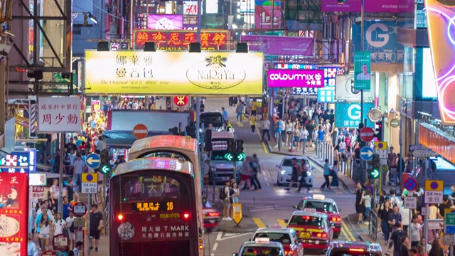 时间流逝的夜晚在香港，在高峰时间，主要道路的交通繁忙，市区街道和现代建筑的交通