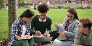 美国多种族四人聊天，用电脑工作，坐在公园里