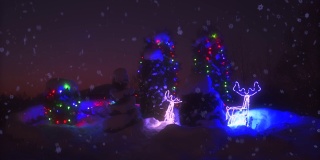圣诞树上装饰着五颜六色闪烁的花环，周围是飘落的雪花的动画