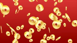 中国金币从天而降的红色背景无缝循环动画新年主题视频素材模板下载