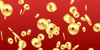 中国金币从天而降的红色背景无缝循环动画新年主题