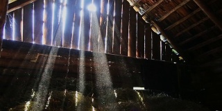 在旧谷仓的阁楼上，灰尘在阳光的照射下缓慢移动
