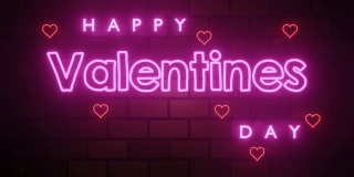 用霓虹灯写的“情人节快乐”，红色的心在棕色的镶板上。节日的屏幕保护程序，网站的横幅，广告礼物。