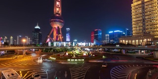 4K时间推移:中国上海陆家嘴明珠环岛人行天桥上的交通灯轨迹。