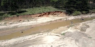 Flycam薄膜狭窄浑浊的河流用于提取砂砾