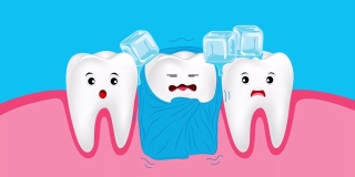 敏感牙齿。可爱的卡通牙齿角色与毛毯和冰动画。牙科保健的概念。