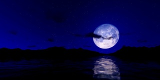 这是一个浪漫的场景，满月倒映在水面上，映衬着星空和流云