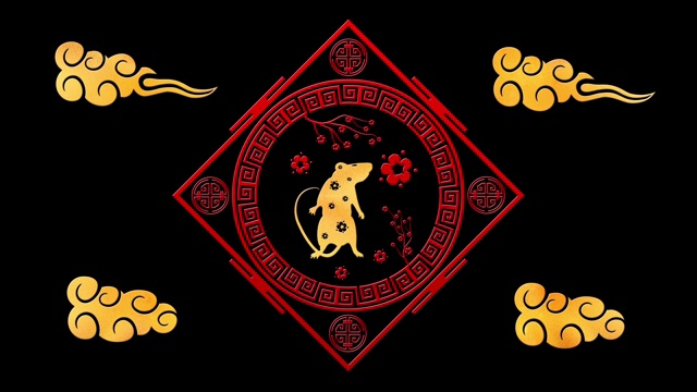 黑色中国新年背景与黄金，老鼠，3D渲染循环4k。魔幻新年快乐动画