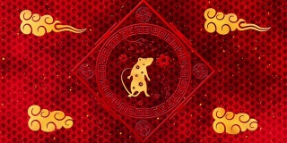红色春节背景与黄金，老鼠，烟花，3D渲染循环4k。魔幻新年快乐动画