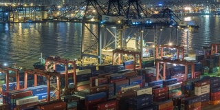 4K延时:码头商埠的集装箱货物仓库和工作吊桥在夜间进行集装箱装卸，用于商业物流、进出口、海运或运输。