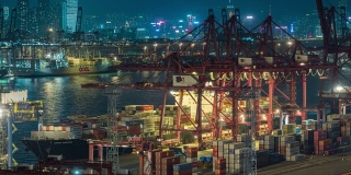 4K黄昏延时:工作吊桥将集装箱卸到码头商埠的卡车上，用于商业物流、进出口、运输或运输。