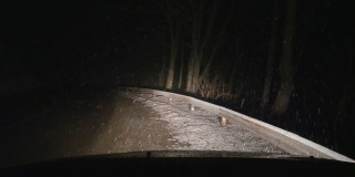 汽车POV行驶在积雪覆盖的道路上，晚上第一场雪落下。