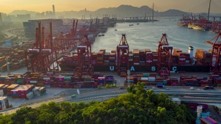 国际港口在香港进出口业务物流中使用起重机装载集装箱的超失效或滞后视频素材模板下载