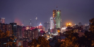 澳门，中国城市天际线在黄昏的时间流逝。