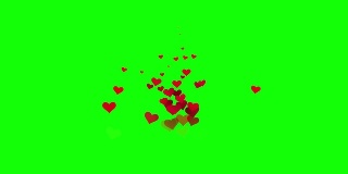 无缝循环许多红心粒子情感淡出漂浮在绿色屏幕背景。彩色键上的图标五彩纸屑和抽象粒子作为装饰模板元素。情人节快乐