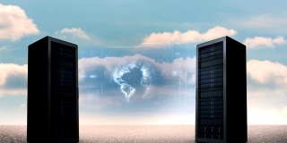 数据服务器和数字屏幕与蓝天的背景