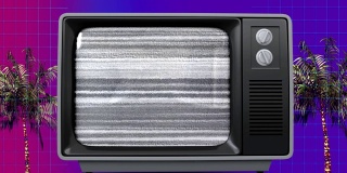 复古电视屏幕嘶嘶作响，然后关掉。后面是紫色网格背景上的棕榈树