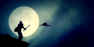 在中世纪幻想中，屠龙骑士看着天空中飞翔的龙