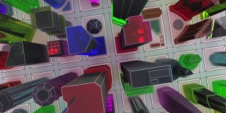 飞过摩天大楼玻璃城的模型。宣传片的3D动画。循环。