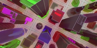 飞过一个玻璃城市的摩天大楼模型，从地面发出美丽的光芒。3D动画的宣传视频。循环。