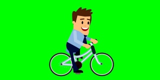 商人骑自行车。蓝色风格商人自行车骑手扁平卡通人物4K动画，色度键。
