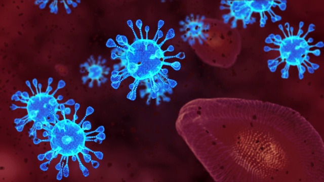 冠状病毒细胞。引起呼吸道感染的病毒动画组。3D渲染循环4k
