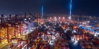 4K延时或超延时:航拍商业码头集装箱货物仓库，用于商业物流，进出口，航运或运输