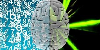 大脑顶部的动画对抗二进制代码和灯光效果