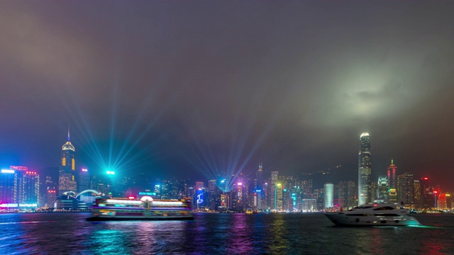 时间流逝，香港城市夜景。从中国香港维多利亚港眺望香港摩天大楼