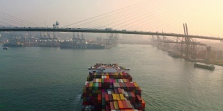 航拍集装箱船到码头商埠吊车桥卸货。业务物流，进出口，海运或运输