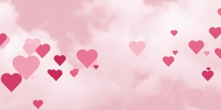 心的背景。动画情人节贺卡，3月8日，妇女节。飞行的心动画在粉红色的背景与白云。粉红色的天空和心形。