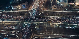 T/L PAN鸟瞰图立交桥和城市交通在夜间/北京，中国