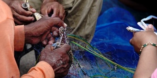 渔民们正在吃网里的螃蟹。