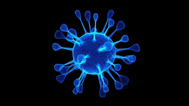 冠状病毒细胞。阿尔法通道上有引起呼吸道感染的动画病毒。3D渲染循环4k