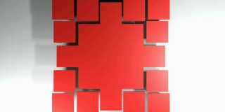 红色方块分散成许多小方块，从中心向外扩散——3D渲染图