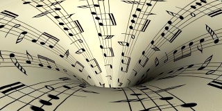 音乐音符从旧纸上的洞里出来，无缝的动画