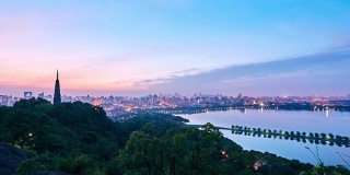 4K:杭州城市景观鸟瞰图在黎明的一天，中国