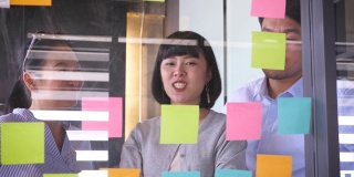 亚洲商务人士在办公室讨论新项目，年轻的女商人指着玻璃上的便利贴与她的同事在会议室，团队合作和会议概念