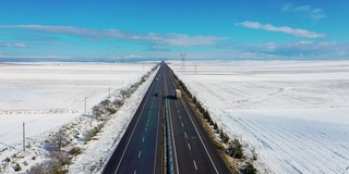 空中冬季公路公路，雪，无人机