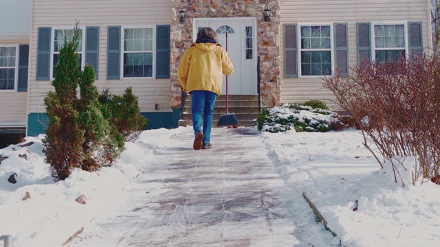 一名50岁的成年男子，长发，身穿黄色夹克。他在一场冬季降雪后清理了乡间屋前院子里的小路。科勒,宾夕法尼亚州,美国