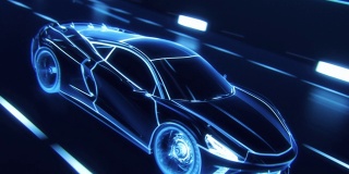 3D汽车模型:跑车在高速行驶的详细剪影，赛车通过隧道进入光。用蓝色线条制成的蓝色超级跑车在高速公路上快速行驶。视效特殊效果