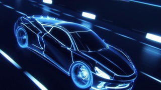 3D汽车模型:跑车在高速行驶的详细剪影，赛车通过隧道进入光。用蓝色线条制成的蓝色超级跑车在高速公路上快速行驶。视效特殊效果视频素材模板下载