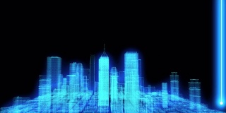 未来网络商务智慧城市和城市能源技术概念，霓虹色彩城市建筑模型，3D城市用激光扫描检测