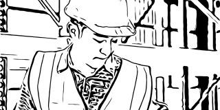 手绘，涂鸦卡通风格，员工男子戴安全帽在仓库工作的肖像