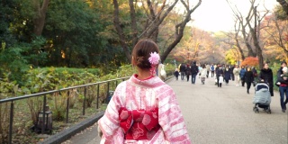 快乐年轻美丽的亚洲女人女孩穿着粉红色的传统日本和服走在公园的街道上，看着远离东京城市，日本的4K后视图