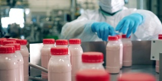 乳品工厂的工人从传送带上拿着装着酸奶的瓶子。