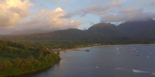 aerial view hanalei bay mountains at sunset kauai hawaii